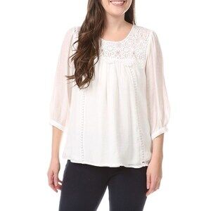 Figueroa & Flower Women Peasant Lace Crochet Neck Top Sz L Cottage Prairie White